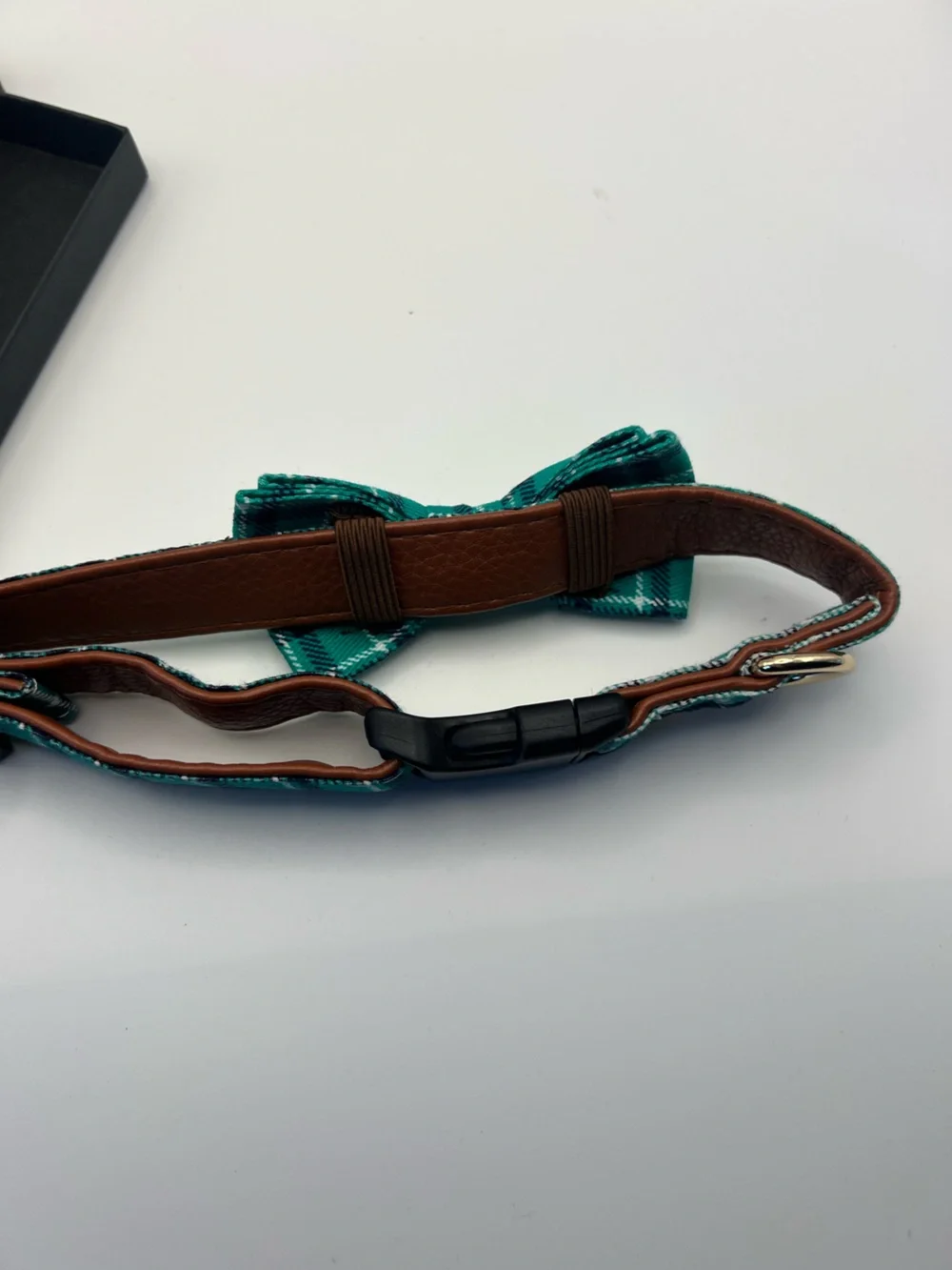 Dog‎ Collar Bow Tie - Adorable Soft Material&Leather (Cyan Plaid, M 13